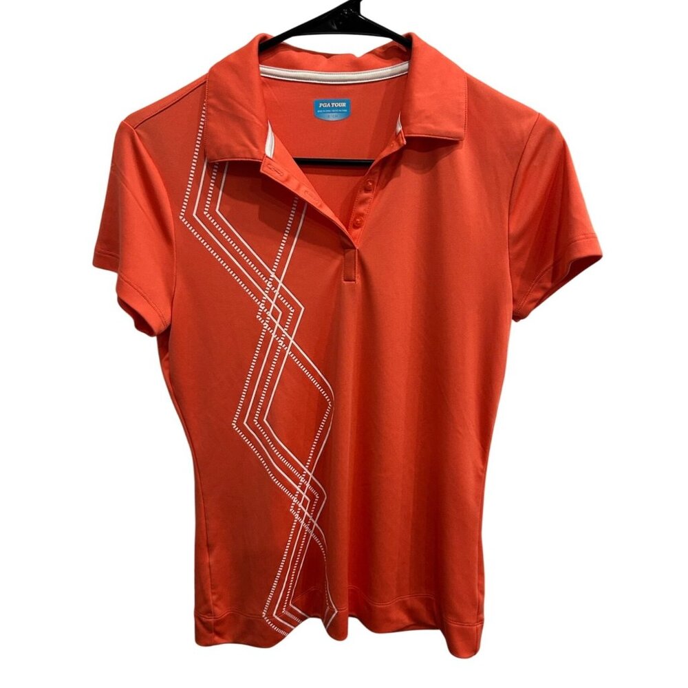 PGA Tour Orange Short Sleeve Polo Shirt Geometric Print Size Small